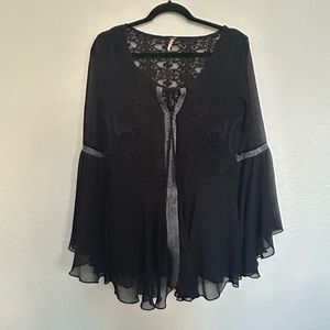 Free People Black Sheer Bell Sleeve Blouse Size S